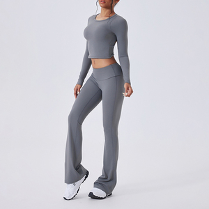 Conjuntos Deportivos Elegantes y Sensuales para <span class=keywords><strong>Mujer</strong></span>, Primavera 2026, 2 Piezas, Top Corto de Manga Larga con Espalda Descubierta, Leggings de Cintura Alta con Corte Acampanado, Conjuntos de Gimnasio - Product Image 4