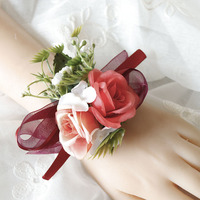 Grosir buatan dekorasi pernikahan sutra merah mawar buatan tangan gelang korsase Natal pengiring pengantin bunga pergelangan tangan aksesoris