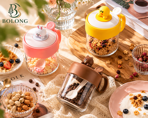 Pot en verre personnalisé avec logo, 180 ml, créatif, petit, mignon, en forme d'<span class=keywords><strong>animal</strong></span> (lapin, ours, canard), avec cuillère et poignée, pour épices et aliments, emballage Bolong - Product Image 5