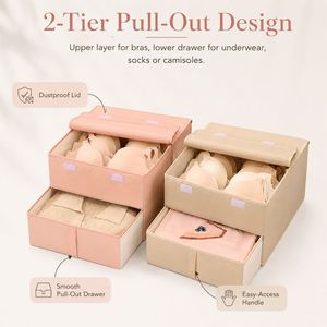 Boîte de rangement pour lingerie à 2 niveaux, anti-poussière, en tissu, pour soutien-gorge et chaussettes, organiseur de tiroir pliable, conteneur de placard avec couvercle rabattable - Product Image 2