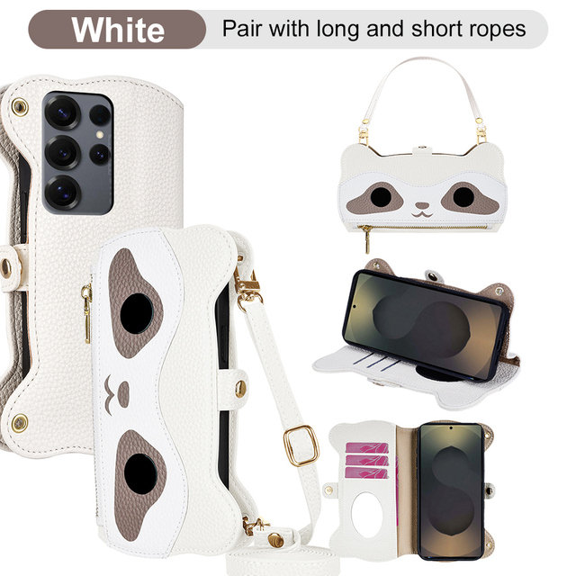 Multi-Functional Raccoon Pattern PU Leather Wallet-Style Phone Case Card Slots Shockproof Anti-Drop Cover With Strap& Mirror