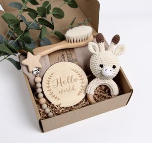 Juego de caja de regalo para Baby Shower recién nacido, juego de dormir para recién nacido de tela orgánica con Clip de chupete de ganchillo, envoltura de muselina con logotipo impreso Digital - Product Image 6