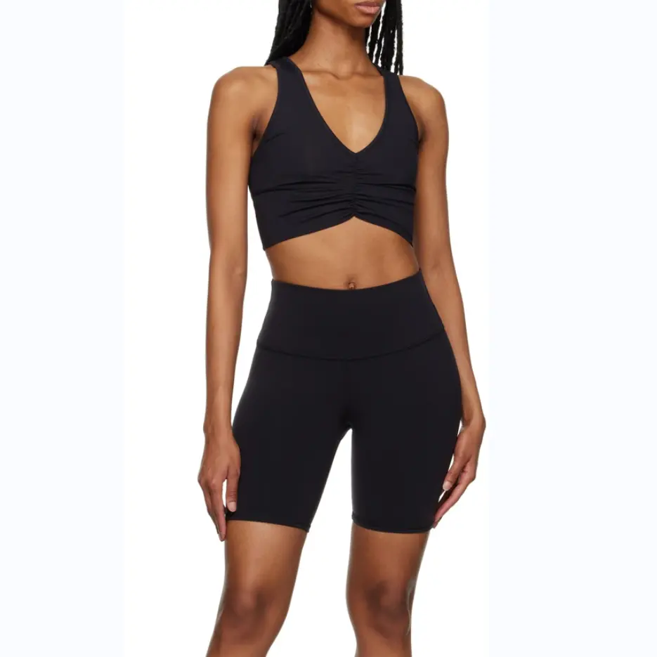 Solid Dyed Sustainable Sports Wear V Neck Ruched Center Front Racer Back Bra Wide Banded Biker Shorts Women's Yoga Wear