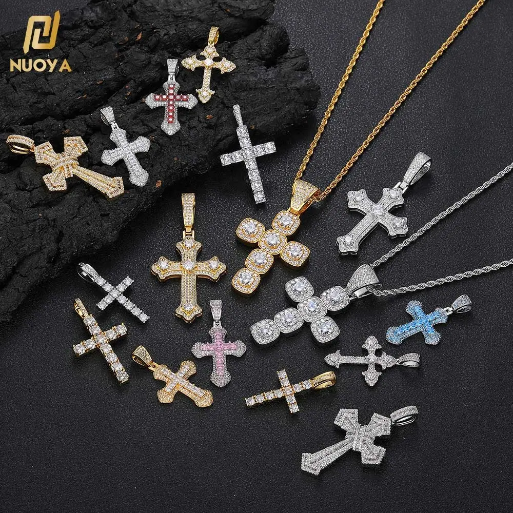 Kalung liontin salib berlian, NUOYA, perhiasan Hiphop, Kalung liontin salib berlian untuk wanita, berlapis emas 18k, Kalung liontin salib Kristen Yesus Cz