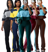 Ensemble deux pièces streetwear pour femme : Polo à col contrastant et pantalon long évasé rayé – 5 couleurs tendance en stock