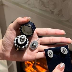 Ensemble collier, bague et boucles d'oreilles en argent sterling S925 avec perle grise de Tahiti Shijia et diamants complets pour femmes, bijoux fins et raffinés - Product Image 1