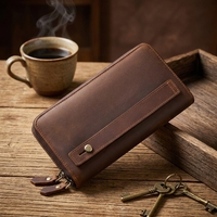 Dompet Panjang Kulit Asli Pria dengan Ritsleting, 9 Slot Kartu, Tali Pegangan, untuk Produsen OEM Merek AS