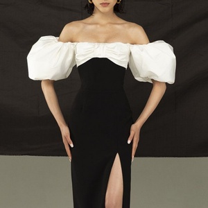 Vestidos de noche de alta gama para mujer, negros, con hombros descubiertos, mangas abullonadas, abertura lateral, patchwork en el pecho y corte ajustado. - Product Image 2