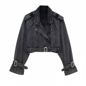 Automne femmes recadrée veste en jean nouveau Style col montant noir ou bleu Jean veste de moto pour Streetwear et tenues décontractées - Product Image 1