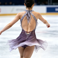 Robe de patinage artistique à dégradé violet, dos ouvert en V profond, strass, en mousseline, costume de performance de patinage, sur mesure OEM