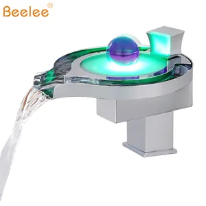 Beelee Deck Mounted Solid Brass Bathroom Basin Water Mixer Taps Temperature Controlled 3 Color LED Waterfall Faucets