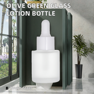 <b>Dropper</b> <b>Bottle</b> Cosmetic Olive Green Slant Shoulder Glass Lotion <b>Bottle</b> Cylinder Shape Back Pump <b>Dropper</b> for Skin Care Cream - Product Image 2