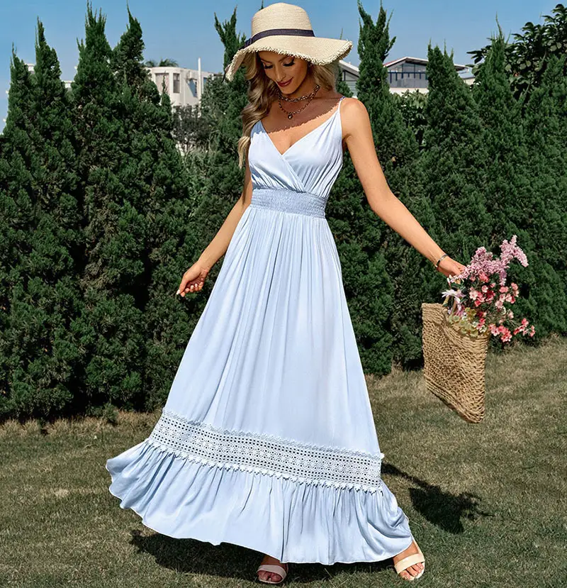 2023 Summer Elegant Ladies Large Swing Long Dress Backless V Neck Women Party Club Maxi Dress
