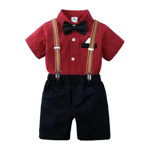 紳士の赤い格子縞の男の子の服セットツーピース夏半袖シャツカジュアルパンツボーイセット