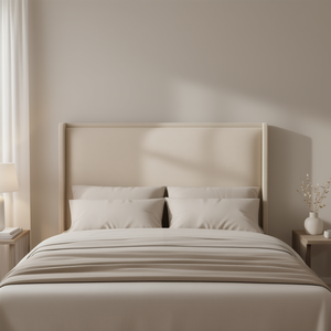 Testiera letto in tessuto con dettaglio a flangia, design moderno e contemporaneo, montaggio a parete, colore sabbia - Product Image 2