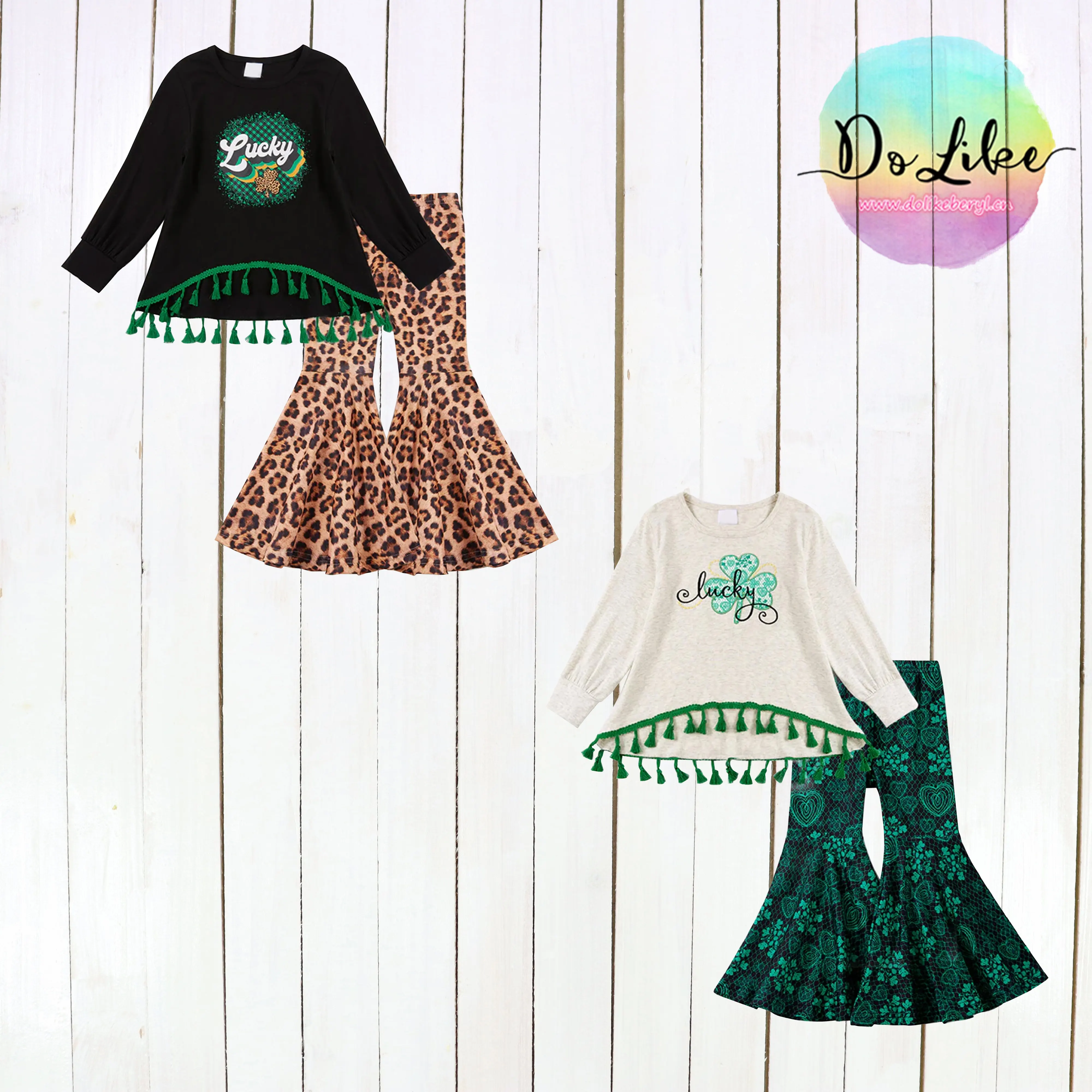 Children St.Patrick's Day long sleeve outfits girls vintage style clothing boutique top with tassels little kids clothes