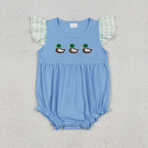 Ropa de bebé lista para enviar, con bordado de pato, azul, conjunto de ropa de verano para niñas. - Product Image 3