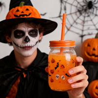 Impression personnalisée en gros 15oz 450ml tasse à café de jus d'eau peut façonner le verre à bière avec paille et couvercle en bambou pour Halloween
