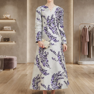 Women's Luxury Chiffon Woven Autumn Floor-Length A-Line <b>Vintage</b> Floral Pattern Natural Waistline V-neck Long Sleeve Evening - Product Image 3