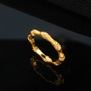 Anillo de Plata 925 con Baño de Oro Amarillo, Diseño de Bambú con Diamantes Redondos de Corte Brillante, Engaste Pavé, Estilo Clásico, Unisex, para Uso Diario - Product Image 1