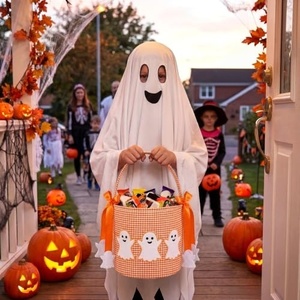 Cestas de Halloween Personalizadas con Volantes y Nombre Personalizado, Bolsas de Lona a Cuadros para Dulces, Cestas de Calabazas Bordadas Coloridas - Product Image 3
