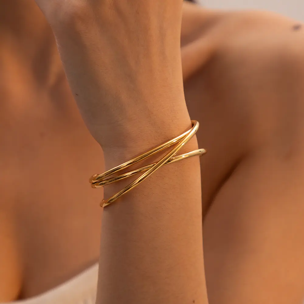 Nieuwe Aankomst Trend 18K Vergulde Rvs Armband Drie Lagen Lijn Opening Manchet Armband Armbanden Voor Dames