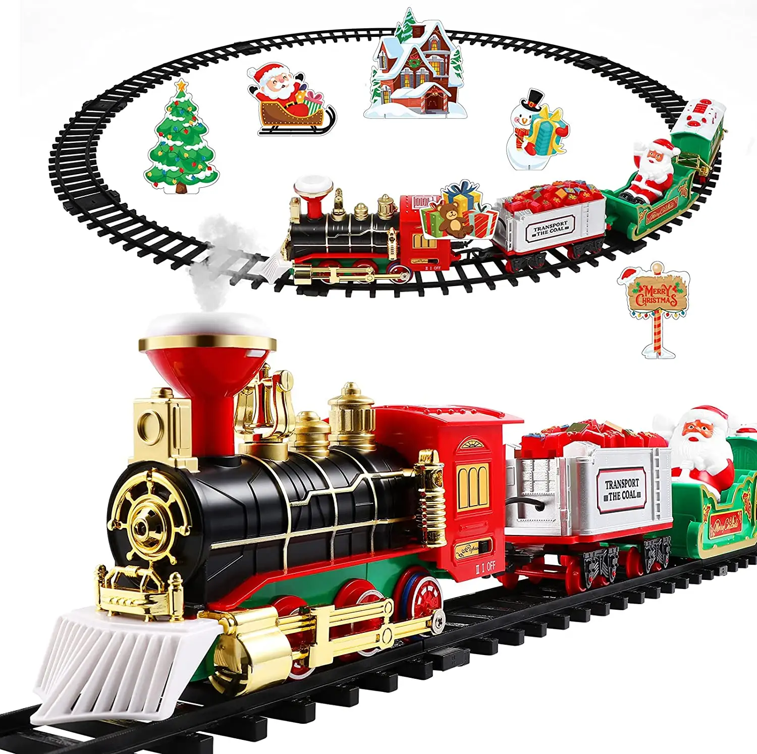 Christmas gift Train Set Toy Track Elevated with Locomotive Santa Claus Snowman Tree Cargo Car Light Electric Train set toy