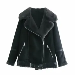 Fashion Women PU Leather Fur Jacket Faux Rabbit Fur Coat Biker Motorcycle Jacket