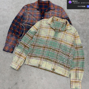 Kemeja Flanel Pria Lengan Panjang Motif Kotak-kotak, Jahitan Tangan Berhias Berlian Imitasi, Efek Vintage Distressed, Ukuran Oversize - Product Image 1