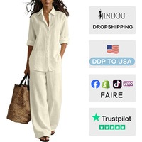 Ensemble 2 pièces haut et pantalon long en coton-lin, sans repassage, à manches longues, couleur unie, décontracté, pour femme, collection automne 2026, avec logo personnalisé