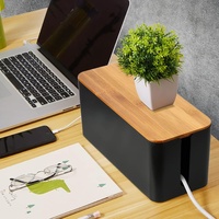 Boîte de rangement pour câbles noire, ensemble de 2 organisateurs de câbles avec couvercle en bambou