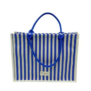 Bolso Tote de lona para mujer con logotipo personalizado, bolso de compras duradero de gran capacidad con rayas azules y asa para viajes y uso en la playa - Product Image 4