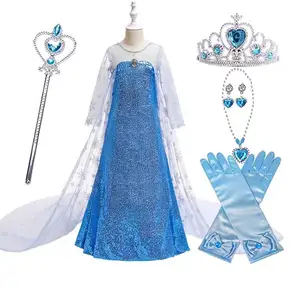 pelerin elbise mavi Suppliers-Çocuk kostüm küçük kız mavi elbise kar kraliçe pelerin prenses Elsa elbise HCGD-047