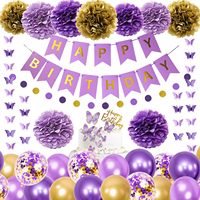 Décorations d'anniversaire violettes pour femmes et filles avec des fleurs, des décorations de gâteau, des papillons suspendus, des guirlandes à pois circulaires et des ballons