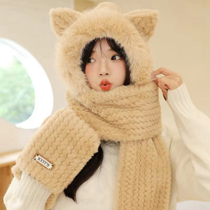 Chapeau d'hiver à oreilles de chat de 230cm, chapeau animal en peluche 3 en 1 avec mitaines et écharpe, capuche en fausse fourrure pour enfants adultes - Product Image 1