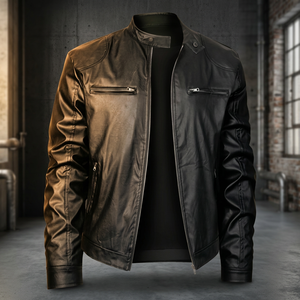 <b>Cheap</b> Price BS International Unisex Casual Leather Racer <b>Jacket</b> Canvas Front Waterproof Windproof Breathable Cotton Lining - Product Image 1