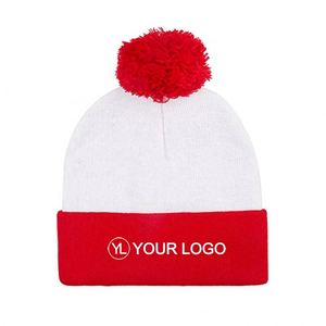 Bonnet en tricot pliable avec logo personnalisé, pompon rouge et blanc, pour les promotions de Noël - Product Image 1