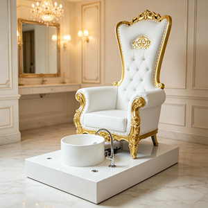 Fauteuil de pédicure sculpté Royal Gold, fauteuil de massage des pieds à dossier haut, en cuir PU blanc, station de pédicure avec bassin pour les pieds - Product Image 1
