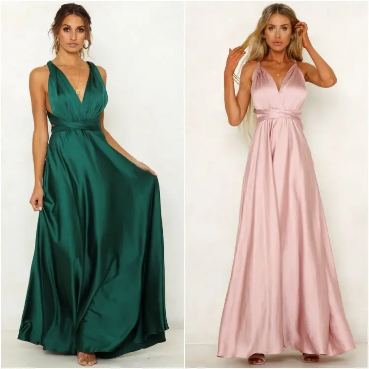 Sexy Lace Up Maxi Dress Bowknot Halter Backless High Waist Green Pink Luxury Formal Satin Evening Dress