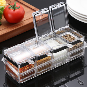 Acrylic Seasoning Jar Set 4 Compartment Flip Top Lid With Spoon Airtight Kitchen Condiment Storage Solid Seasonings Container - Product Image 1