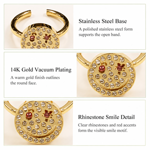 Rhinestone Smiley Open <b>Ring</b> <b>Stainless</b> <b>Steel</b> 14K Gold Vacuum Plated Adjustable Round Face Statement Jewelry - Product Image 4