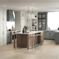 Meuble de cuisine moderne de style américain rétro, blanc, gris, brun chaud, tricolore, avec îlot vitré et unités de rangement intégrées