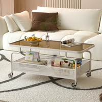 Table de service à thé minimaliste en métal, mobile, à double plateau en verre trempé cannelé, avec plateau de rangement en maille et roulettes silencieuses universelles