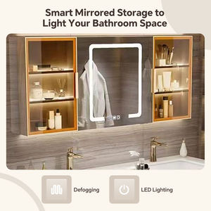 Meuble-lavabo de salle de bain avec vasque simple/double - Meuble-lavabo moderne avec armoire miroir LED intelligente anti-buée, ensemble de meuble-lavabo mural - Product Image 5