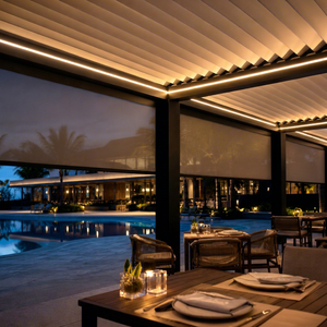 Pérgola Moderna de Aluminio RKOVE con Iluminación LED y Techo Retráctil para Uso en Restaurantes al Aire Libre Junto a la Piscina - Product Image 1