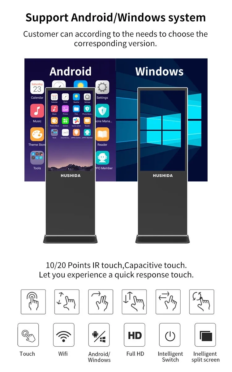 En iyi Ultra ince dikey dokunmatik ekran çift sistem zemin ayakta dijital ekran Kiosk LCD medya oynatıcı reklam monitörü