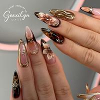 Ongles 3D en ABS motif fleur, effet écaille de tortue, longs, en forme d'amande, pour nail art, vente en gros