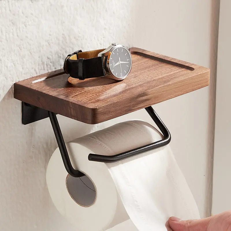 Wooden simple and good looking wall mount self adhesive roll paper holder with shelf set with towel ring robe hook