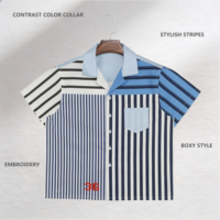 Chemises de bowling pour hommes, 100% coton respirant, twill, style asymétrique, rayures élégantes, patchwork, col cubain, style boxy, manches courtes