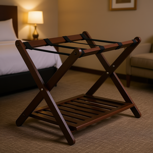 Porte-bagages Cappuccino Remy avec étagère, en bois, pliable, mobilier d'hôtel, design contemporain - Product Image 2